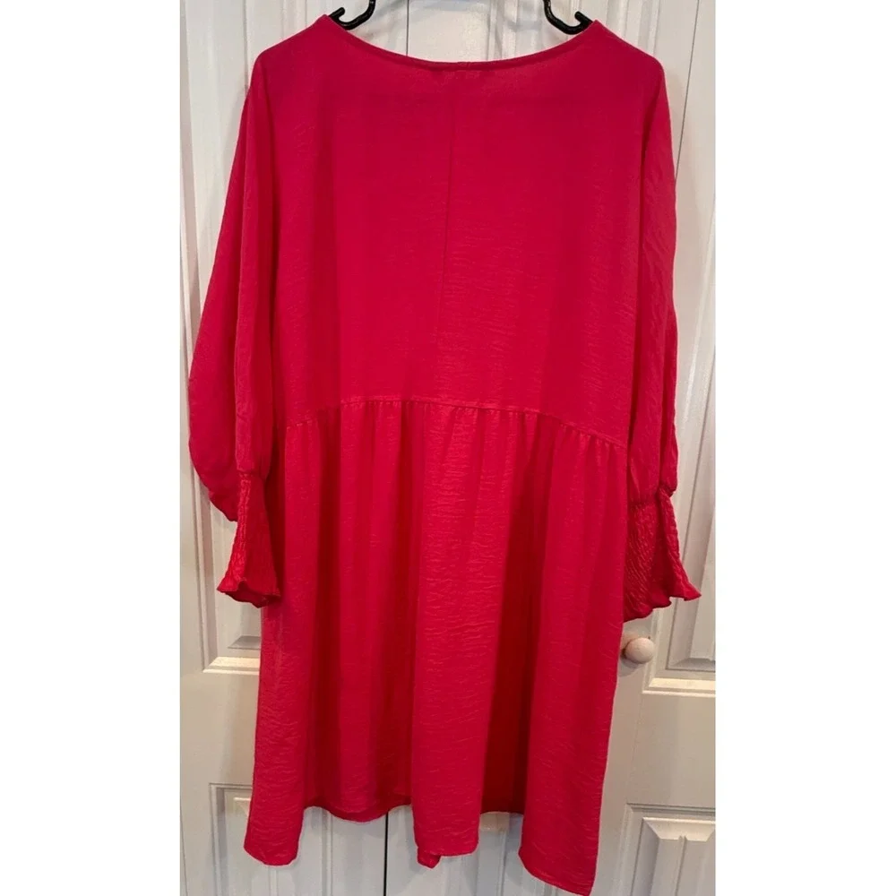 NWT Dokotoo Women's Hot Pink Babydoll Mini Dress Smocked Cuffs Boho Size Large
